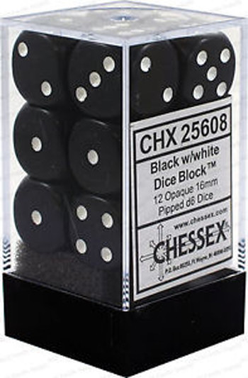 CHX 25608 Opaque Black/white 16mm d6 Dice Block (12 dice)