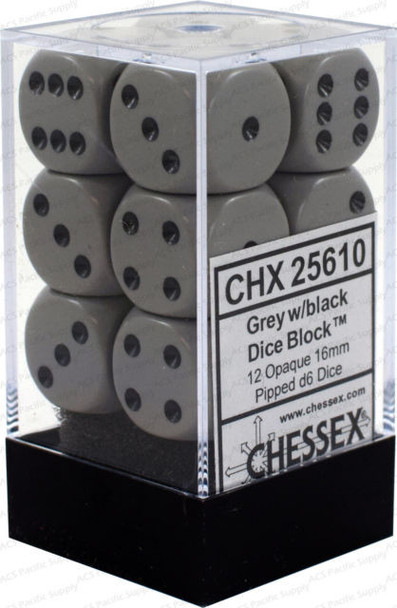 CHX 25610 Opaque Grey/black 16mm d6 Dice Block (12 dice)
