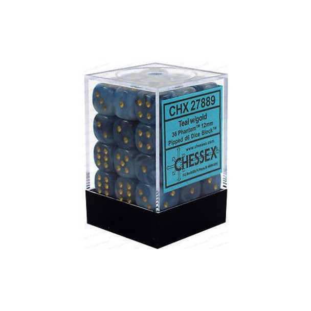 Chessex 27889 D6 Dice Phantom 12mm Teal/Gold (36 Dice in Display)