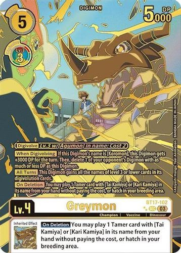 digimon cards greymon (X Antibody) [BT9-012] (Blast Ace Pre-Release Winner) [X Recor [When Attacking] [Once Per Turn] You may play 1 [Tai Kamiya] with a play cost of 3 or less from your hand without paying its memory cost. Greymon - BT5-010 - U
