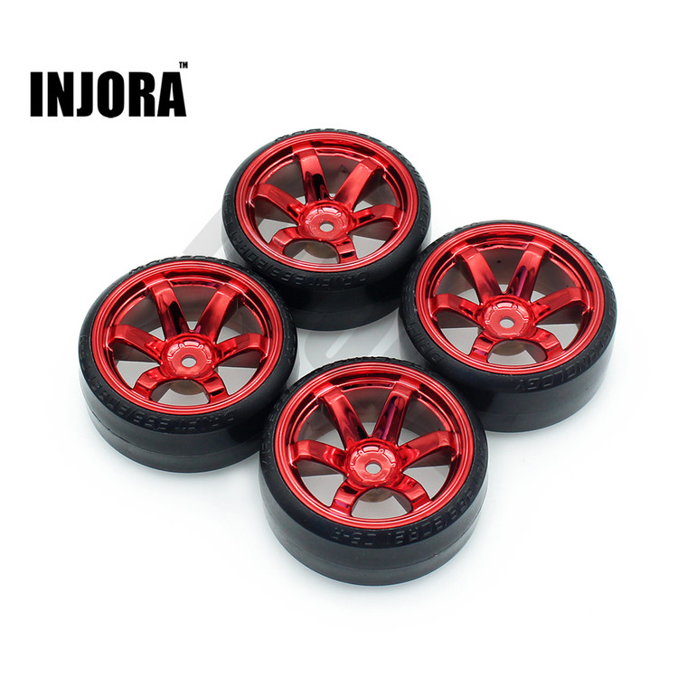 INJORA# 4Pcs 1/10 Drift Car Tires Hard Tyre for  On-Road Drifting Car Spare RED