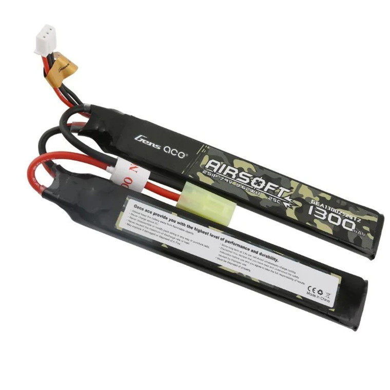 Gens-Ace #GA1300-2S25-AS-S2 GA1300-2S25-AS-S2 1300mAh 25C 2S 7.4V Airsoft Saddle/Split LiPo (Deans)