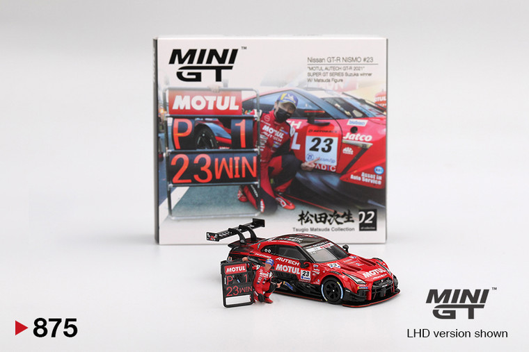 Mini GT #MGT00875 1/64 Nissan GT-R NISMO #23 "MOTUL AUTECH GT-R 2021" SUPER GT SERIES Suzuka winner W/ Matsuda Figure Tsugio Matsuda Collection No.2