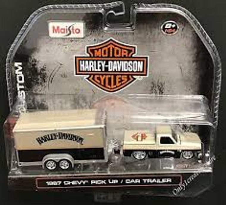 Maisto #15363 1/64 1987 Chevy Pickup w/Car Trailer-Harley Davidson