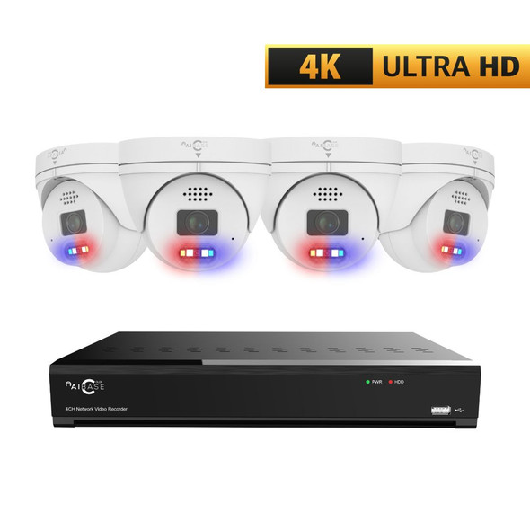 AIBASE 4K 4 Camera Capable IP System with 4K 8MP Full Color Active Deterrence Wide Angle Weatherproof Turret Network Cameras (NDAA Compliant) AIBASE 4K 4 Camera Capable IP System with 4K 8MP Full Color Active Deterrence Wide Angle Weatherproof Turret Network Cameras (NDAA Compliant)
