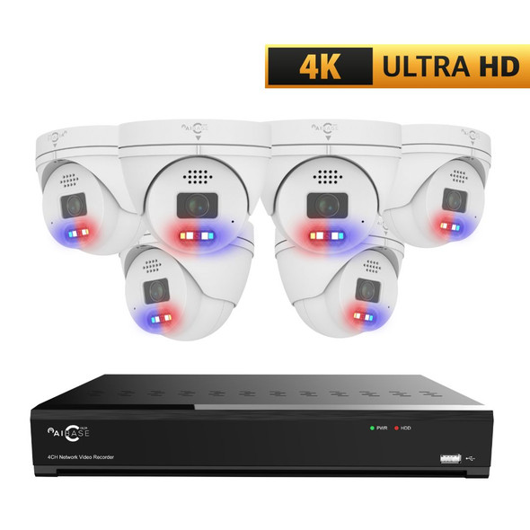 AIBASE 4K 8 Camera Capable IP System with 4K 8MP Full Color Active Deterrence Wide Angle Weatherproof Turret Network Cameras (NDAA Compliant) AIBASE 4K 8 Camera Capable IP System with 4K 8MP Full Color Active Deterrence Wide Angle Weatherproof Turret Network Cameras (NDAA Compliant)