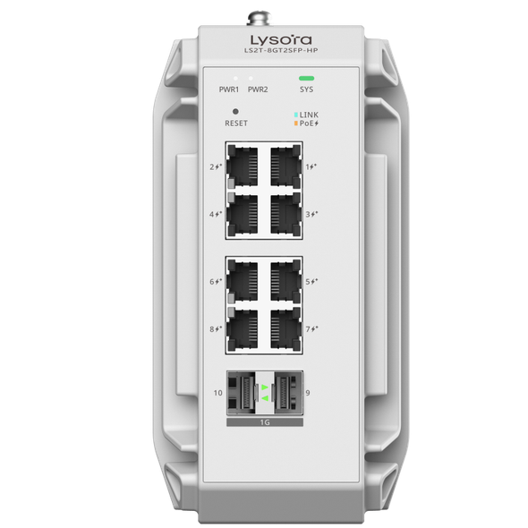 Lysora LS2T-8GT2SFP-HP L2 Industrial Managed Switch, 8-Port RJ45 Gigabit PoE/PoE+, 2-Port SFP, 240W PoE Power budget