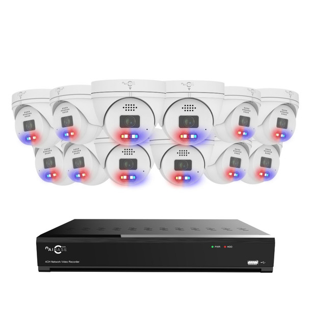 AIBASE 2K+ 16 Camera Capable IP System with 5MP Full Color Active Deterrence Wide Angle Weatherproof Turret Network Cameras (NDAA Compliant)