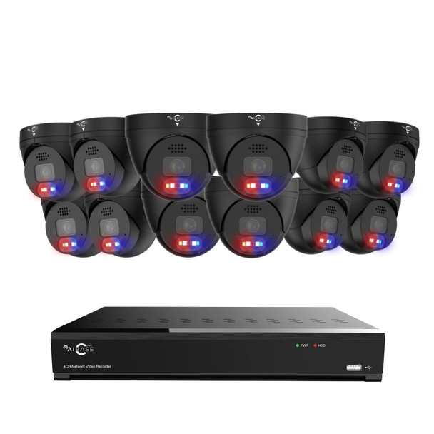 AIBASE 2K+ 16 Camera Capable IP System with 5MP Full Color Active Deterrence Wide Angle Weatherproof Turret Network Cameras (NDAA Compliant)