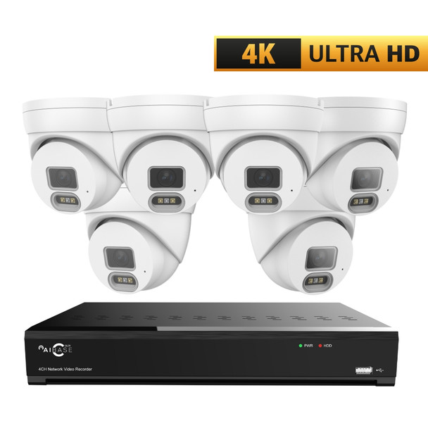 AIBASE 4K 24/7 Color 8 Camera Capable IP System with 8MP Color Perimeter Protection Wide Angle Weatherproof Turret Network Cameras (NDAA Compliant)
