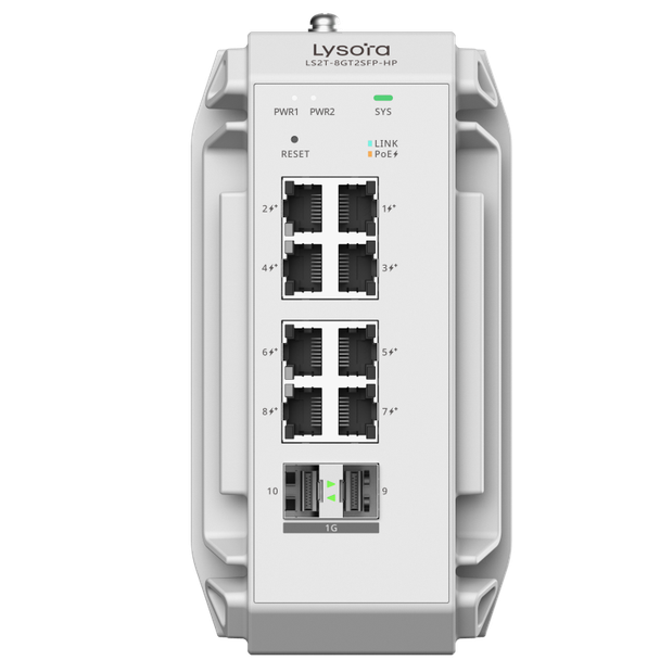 Lysora LS2T-8GT2SFP-HP L2 Industrial Managed Switch, 8-Port RJ45 Gigabit PoE/PoE+, 2-Port SFP, 240W PoE Power budget