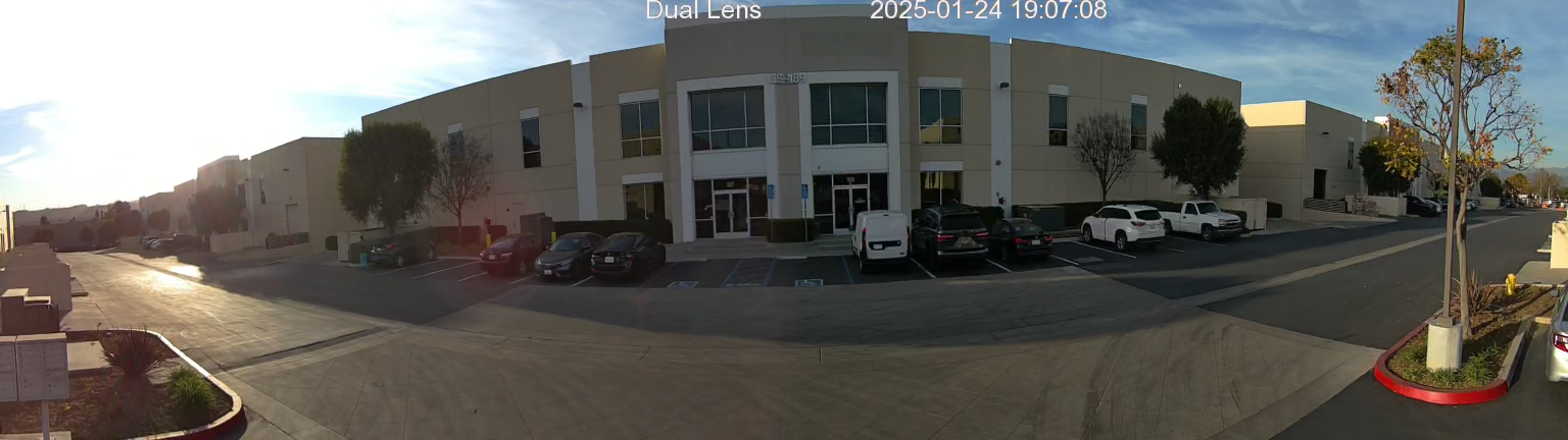 Sample dual lens 180 degree panoramic security camera footage covering a commercial parking lot