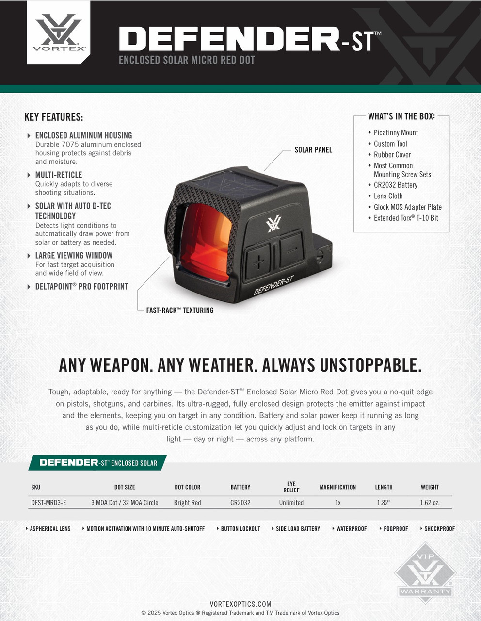 Vortex Defender-ST Enclosed Solar Micro Red Dot 3 MOA