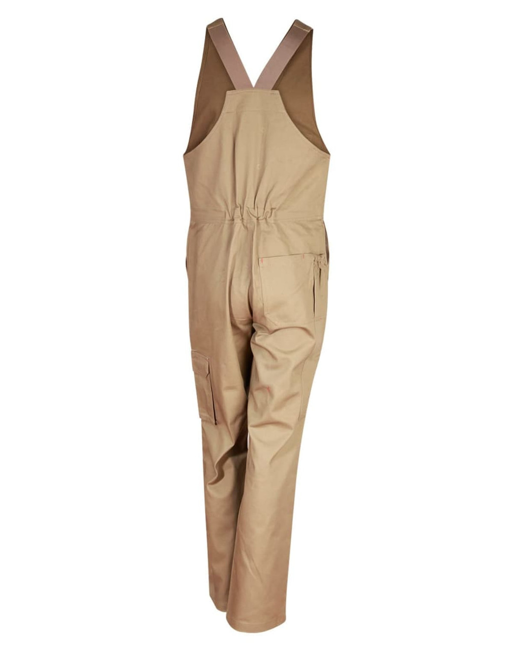 A tan cotton drill overall with adjustable straps and a back elastic panel, featuring side and leg pockets.