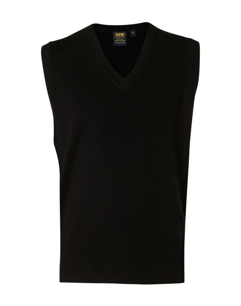 A black V-neck wool and acrylic knit vest with a sleeveless design and a logo label.