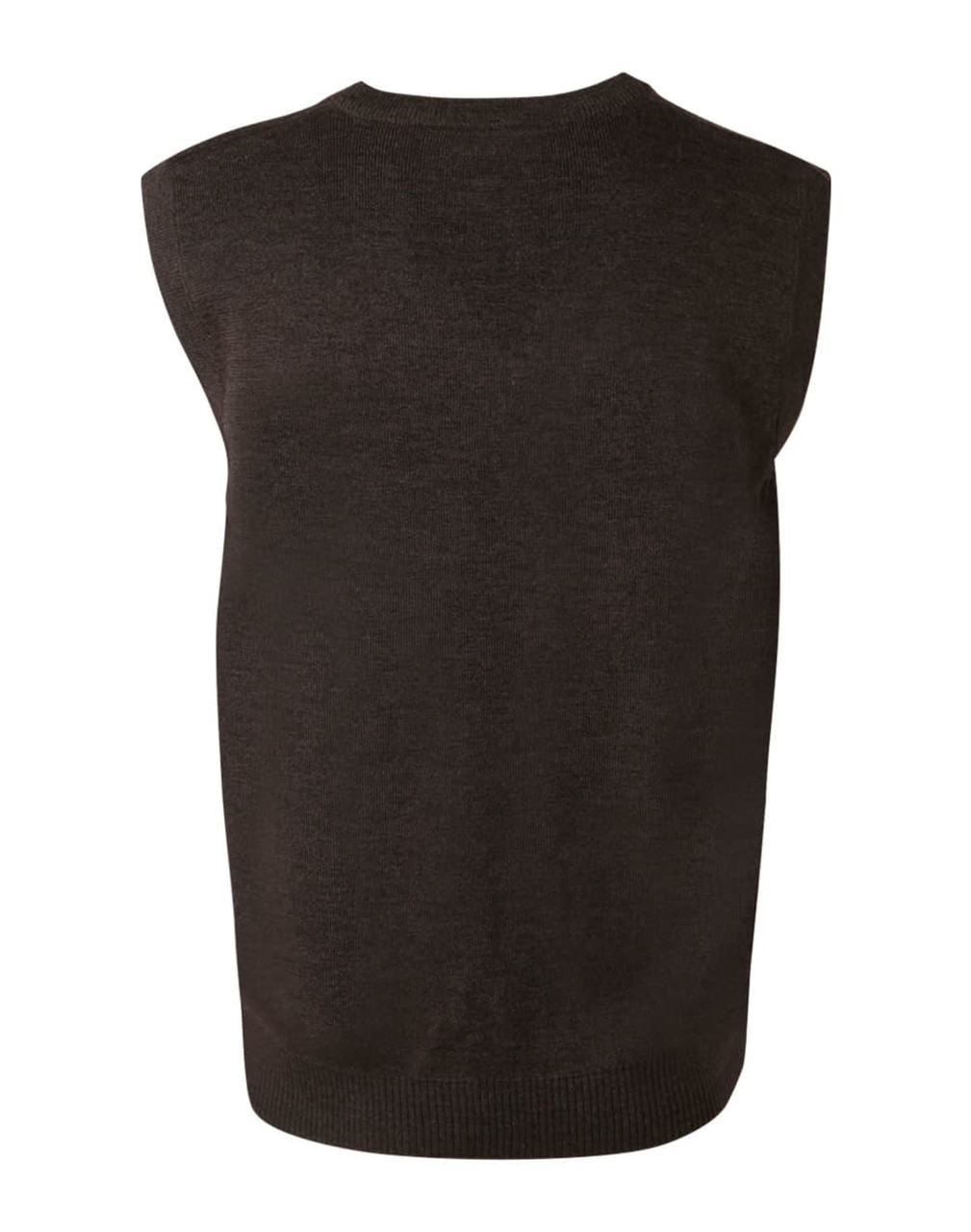 A dark brown v-neck wool and acrylic knit vest featuring a sleeveless design and ribbed hem.