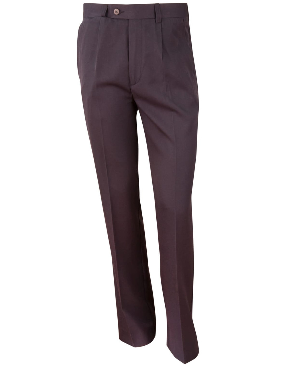 Men's permanent press pants in a dark shade, featuring a tailored fit and a simple design. Includes a logo.