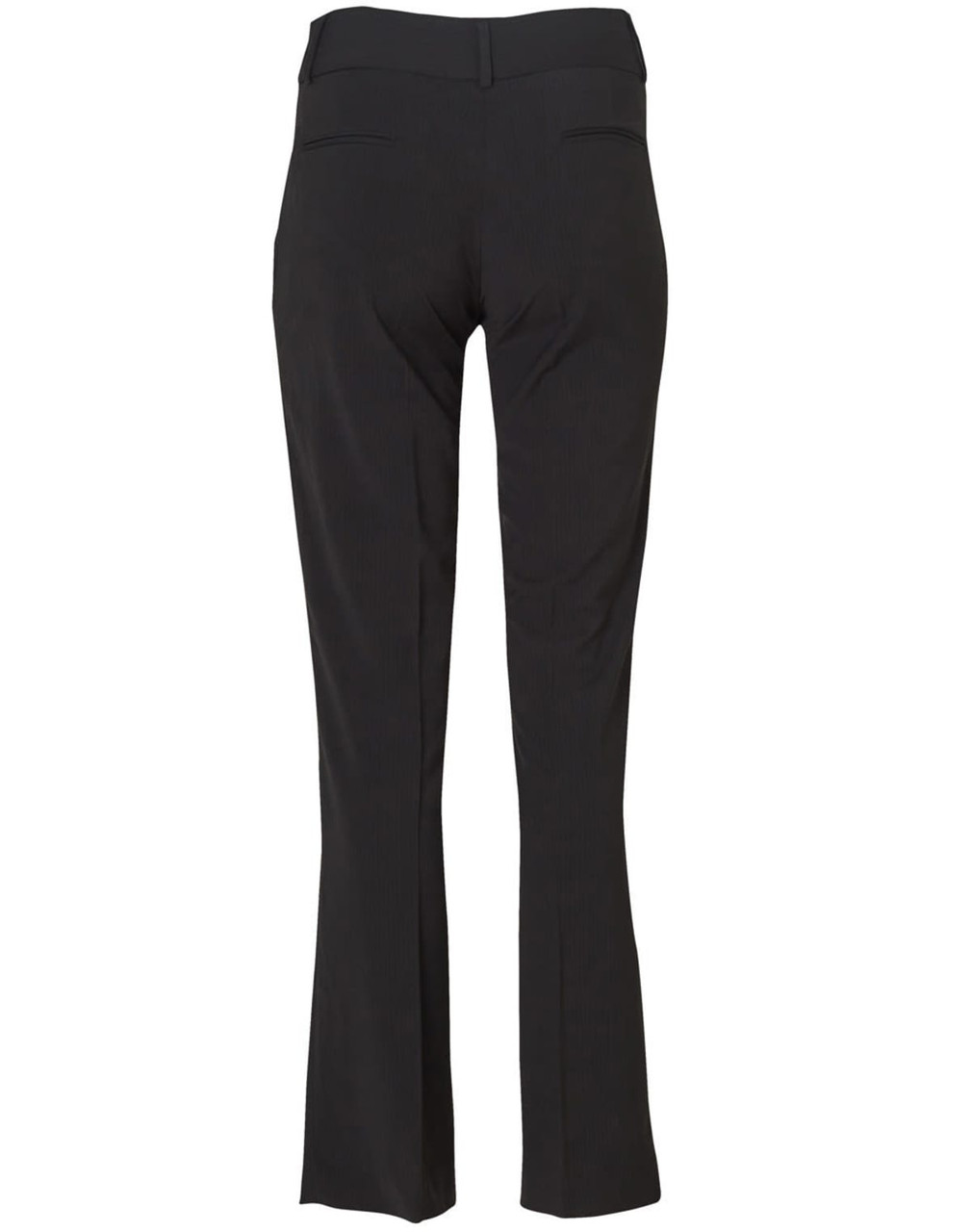 Black ladies' permanent press pants with a flared leg and two back pockets. Features a simple design without visible branding.