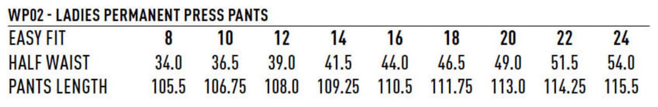 A chart displaying size measurements for Ladies Permanent Press Pants, including waist and length dimensions in centimetres.