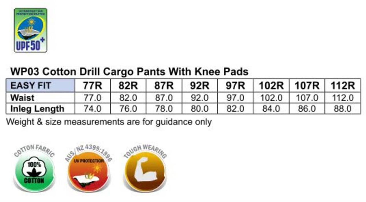 Cotton drill cargo pants with knee pads in various sizes, featuring a logo and detailed sizing chart.