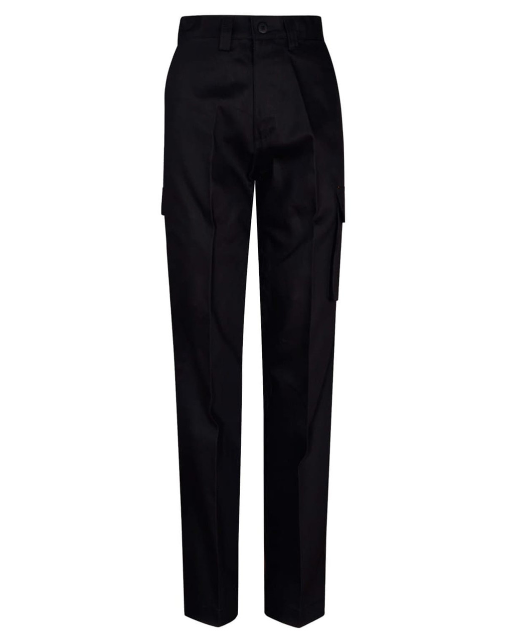 Black long-fit work pants featuring a drill pant pocket on the leg and a side cargo pocket.