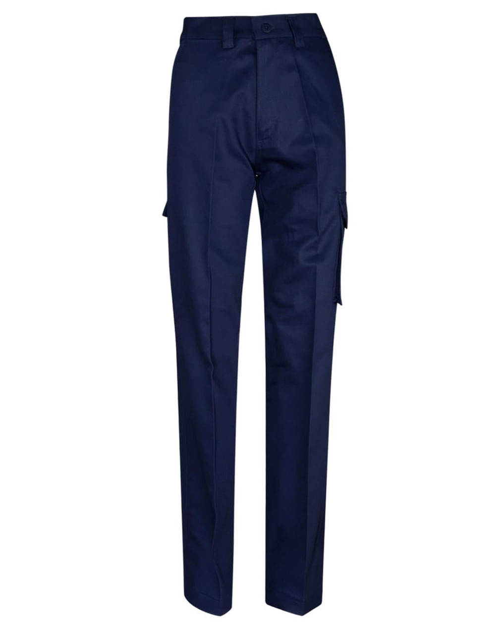 Navy blue long work pants featuring a drill pant pocket on the leg. The design includes multiple pockets for utility.
