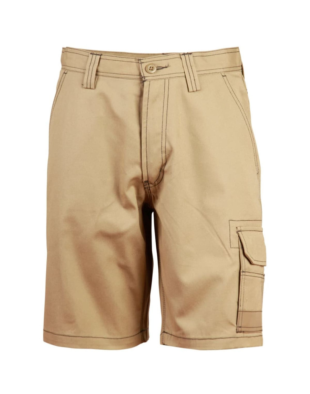 Light weight semi-fitted cargo shorts in a tan colour, featuring multiple pockets and a branded logo.