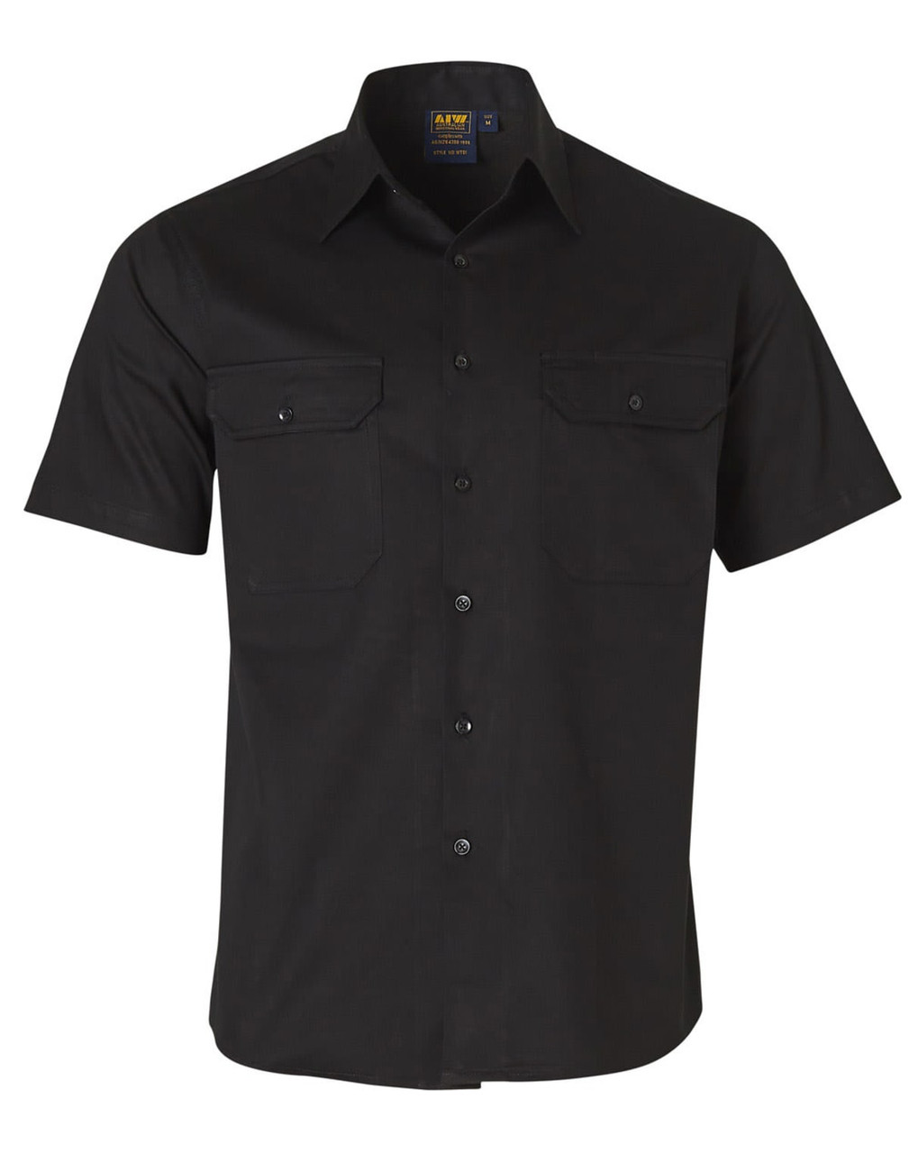 A black short-sleeved cotton work shirt featuring two chest pockets and a logo.