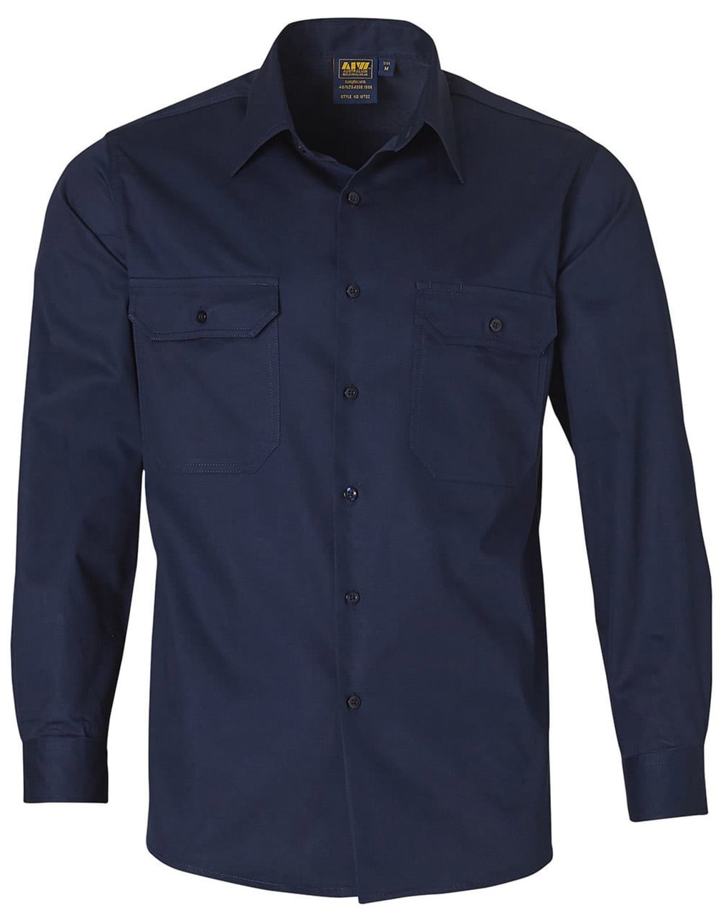 A navy long-sleeve cotton work shirt with two front pockets and a button-up front. It features a logo on the label.