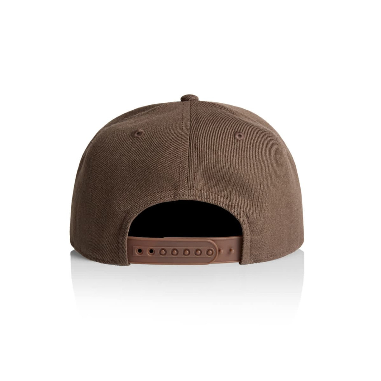 A brown cap featuring a rear adjustment strap and a logo at the back.