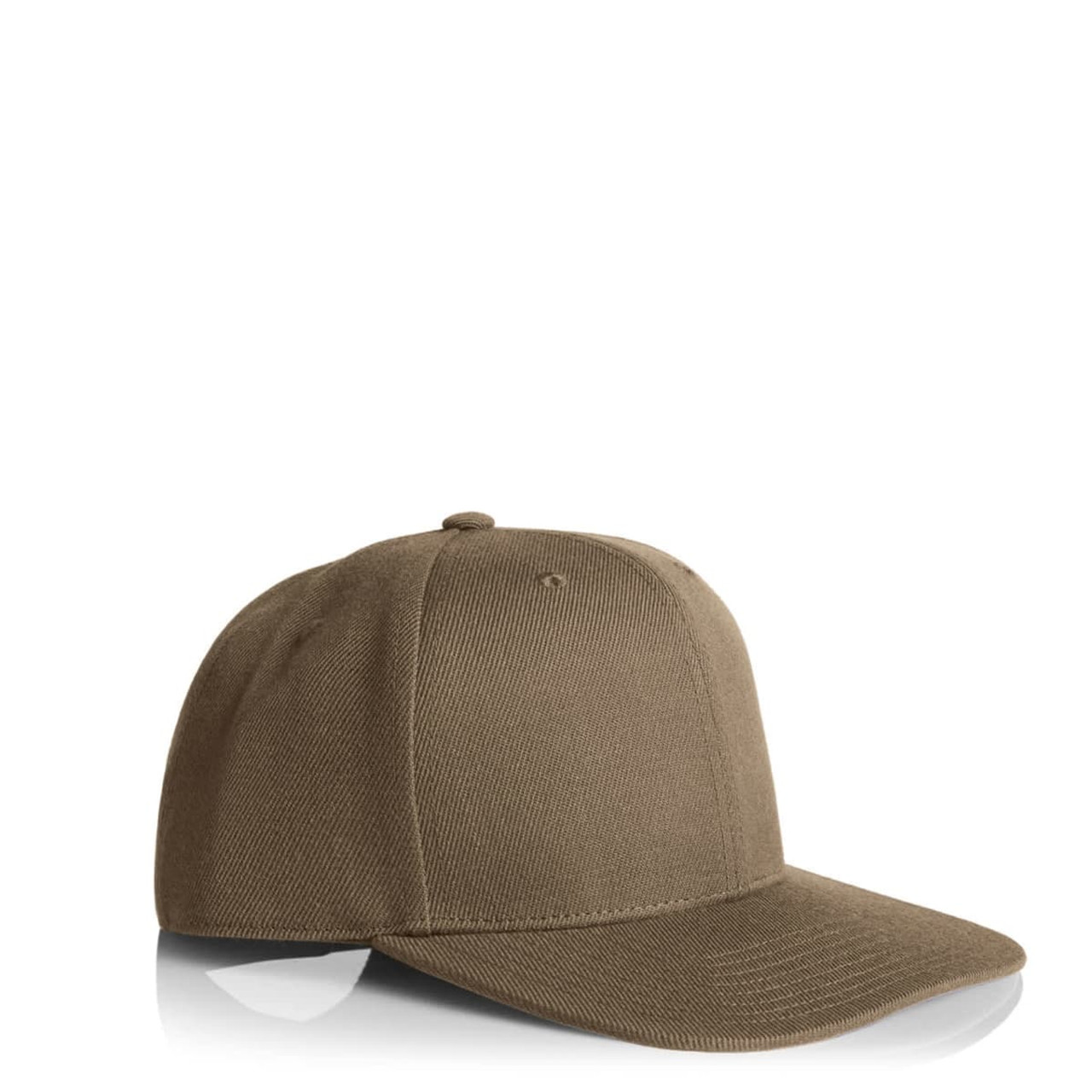 A brown cap with a rounded crown and a stiff brim, featuring a logo on the front.