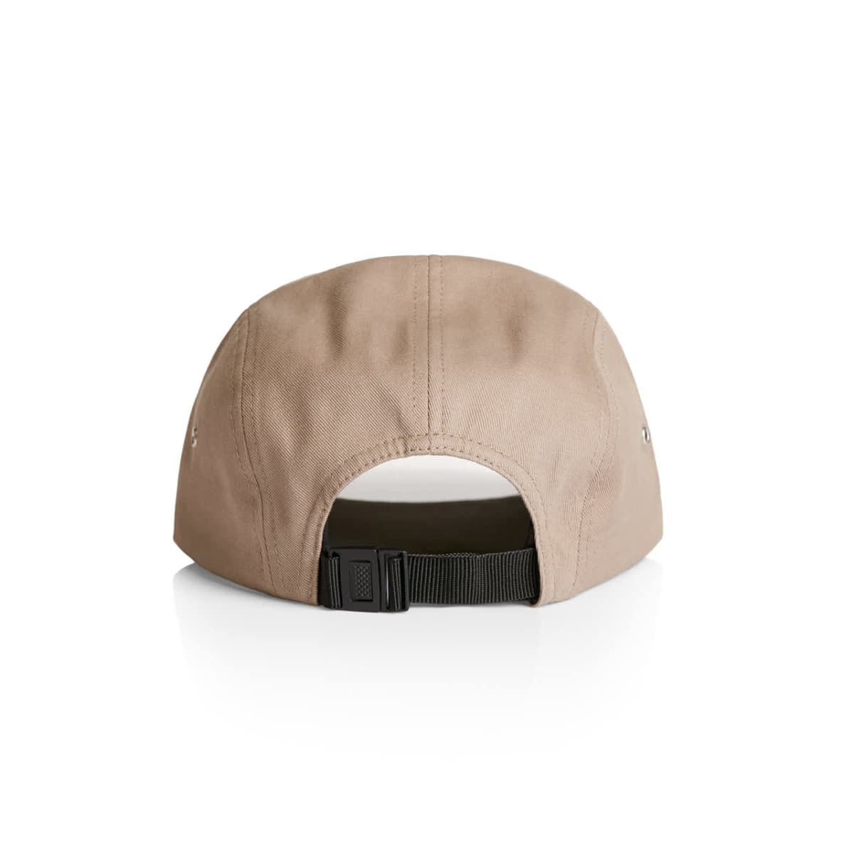 A beige Finn Five Panel Cap with a curved brim and an adjustable strap at the back, featuring a logo.