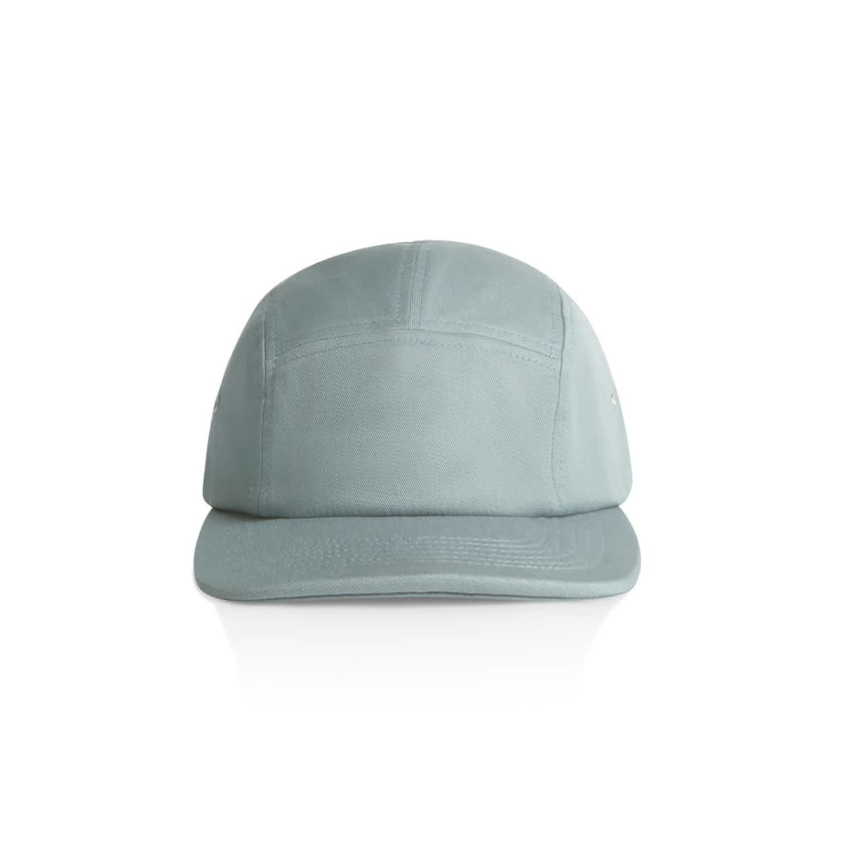 A light green five-panel cap with a flat peak and a logo on the side.