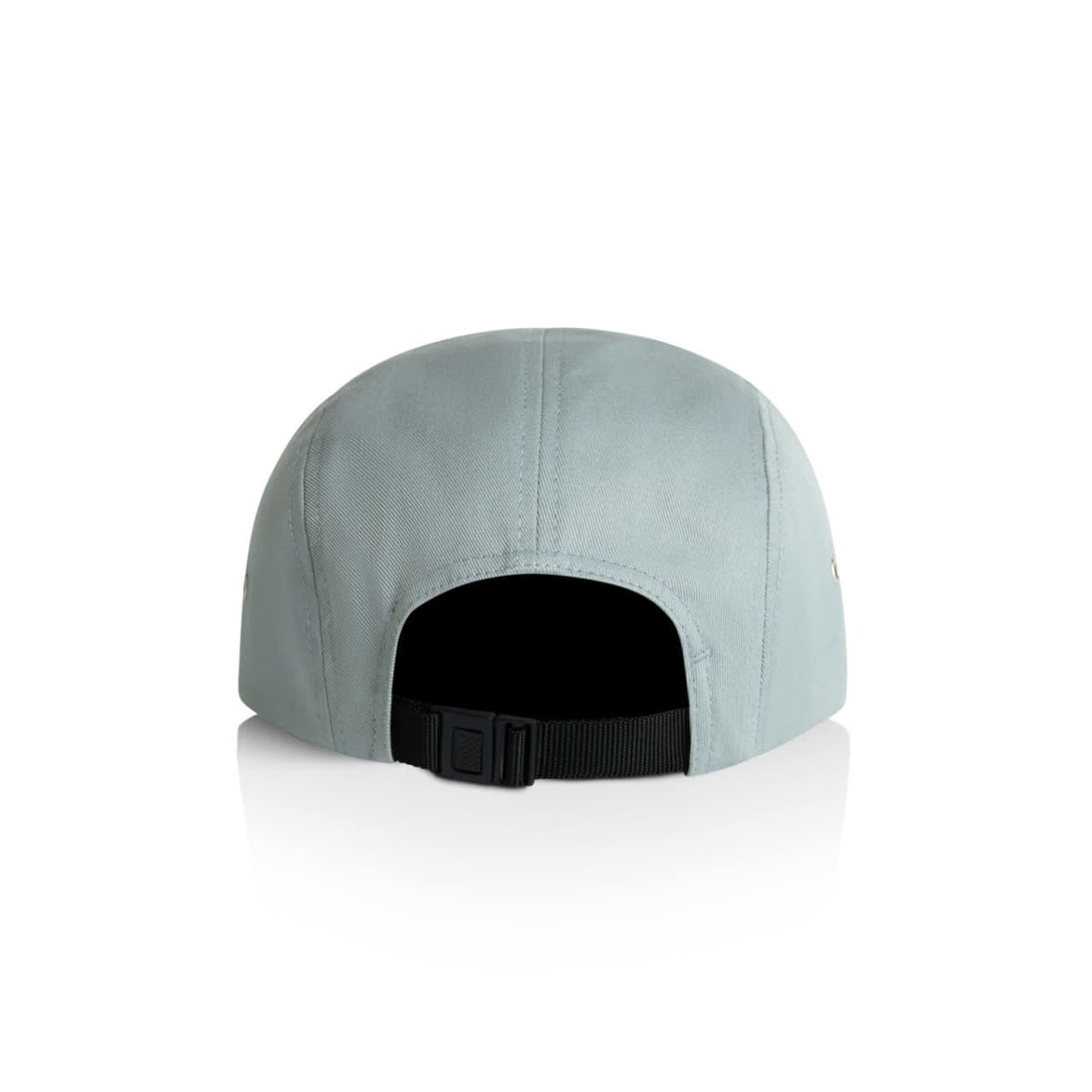 A light blue five panel cap with a black adjustable strap and a logo on the side.