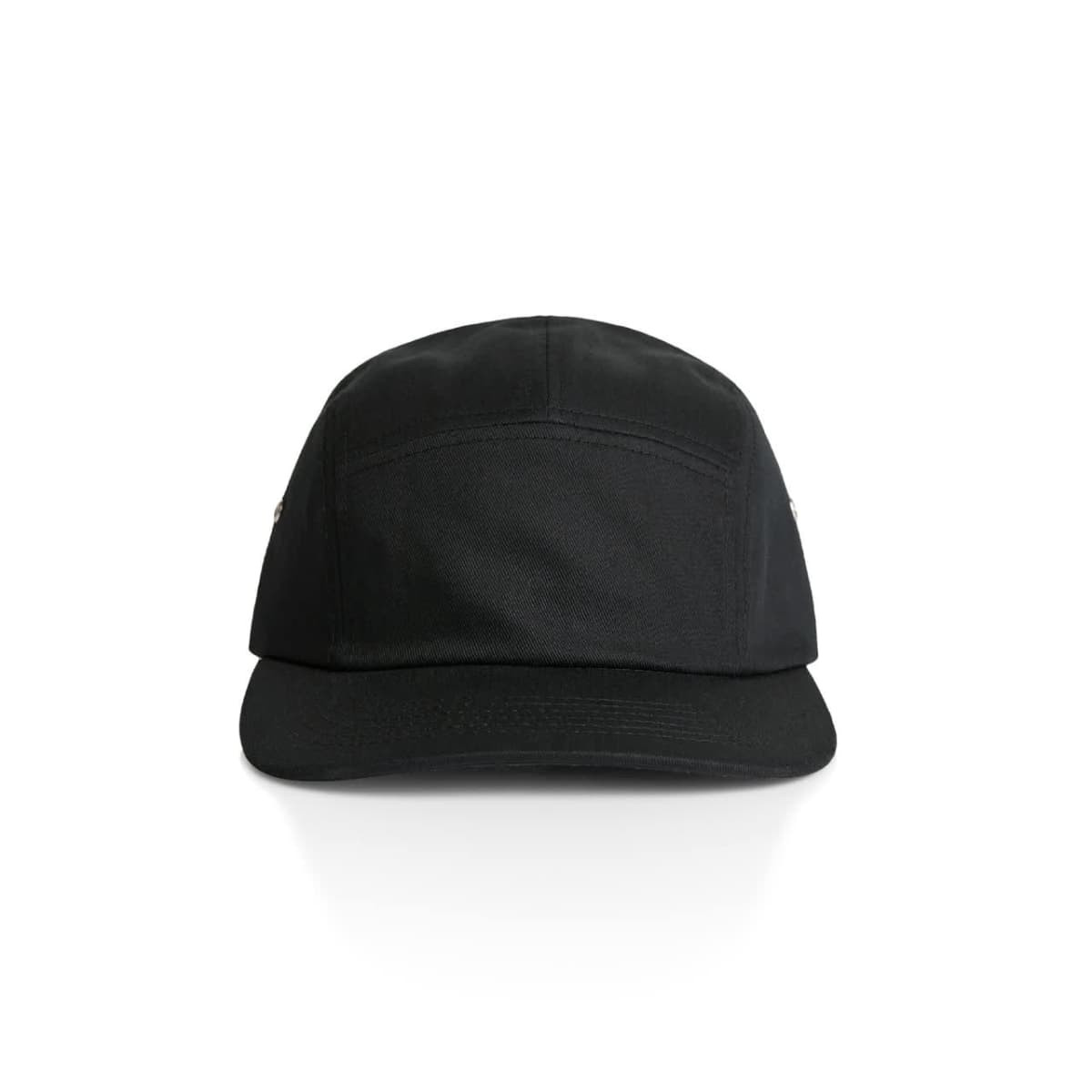 A black Finn Five Panel Cap with a structured design and a logo on the side.