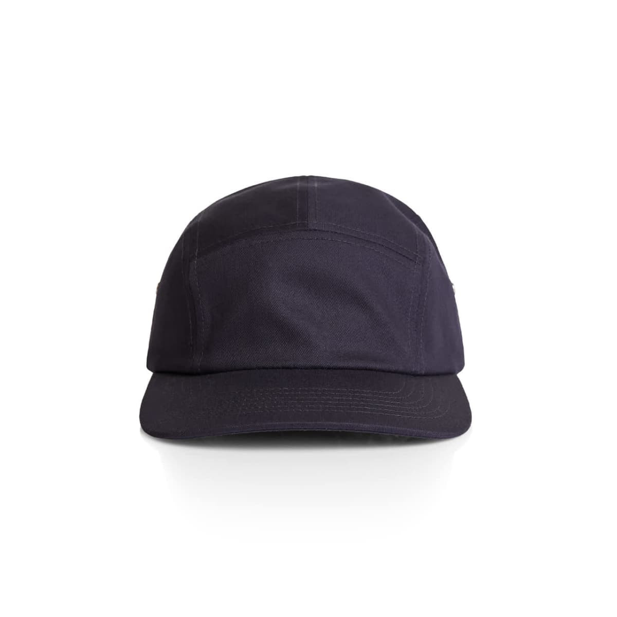 A navy five-panel cap featuring a structured design and a small logo. Ideal headwear for casual outings.