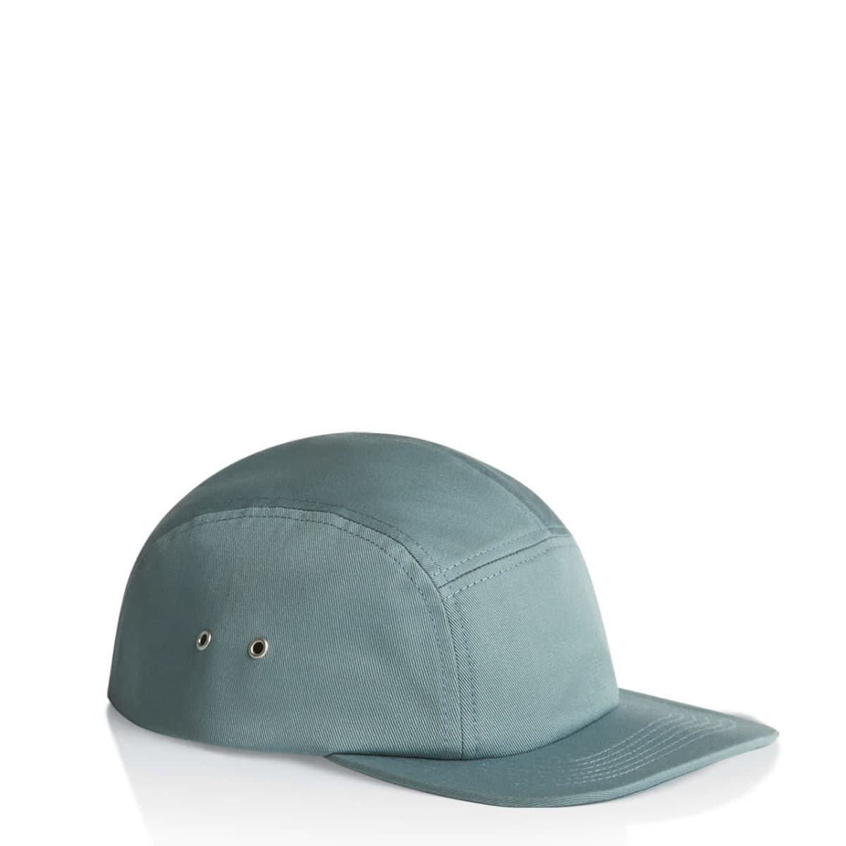 A five-panel cap in a soft blue-green colour, featuring metal eyelets and a curved brim. It has a logo.