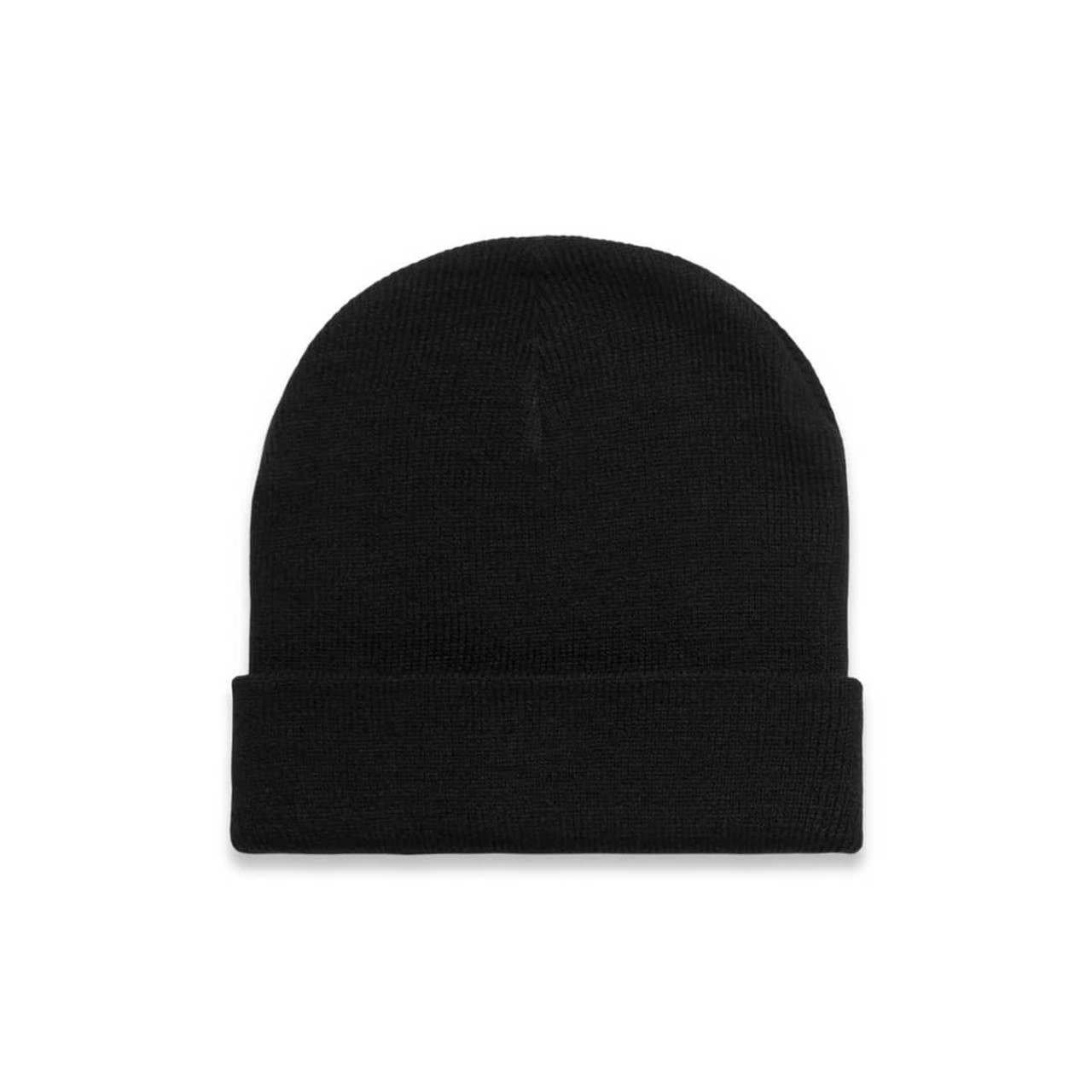 A black Cuff Beanie with a folded brim, featuring a logo on the front.