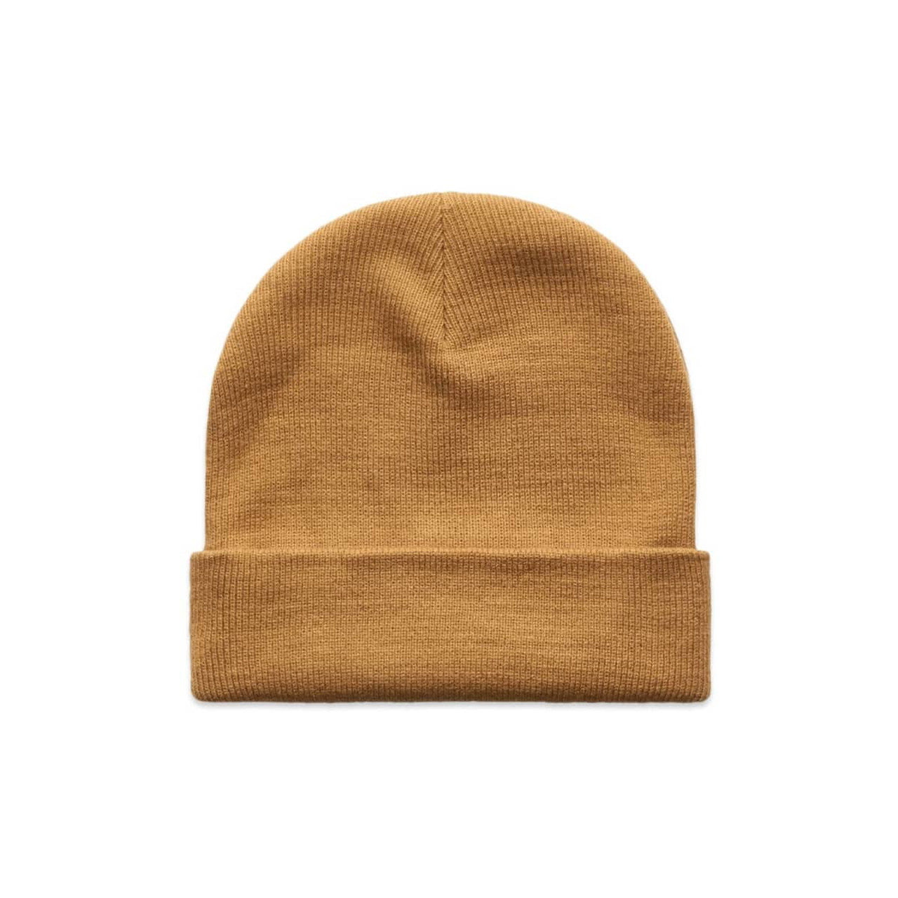 A mustard yellow cuff beanie with a folded brim, featuring a logo on the side.