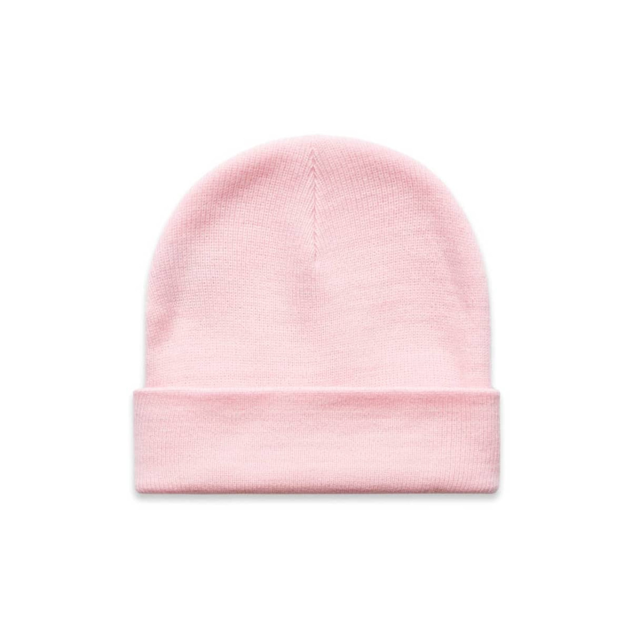 A pink Cuff Beanie with a folded cuff and a smooth texture. Features a subtle logo.