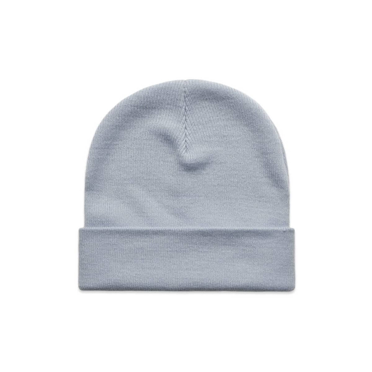 A light blue cuff beanie made from soft material, featuring a folded cuff and a simple design.