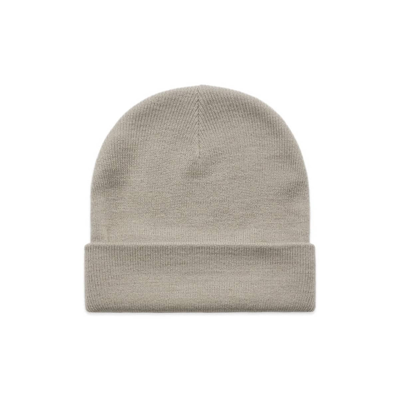 A grey cuff beanie with a folded brim, featuring a branded logo.