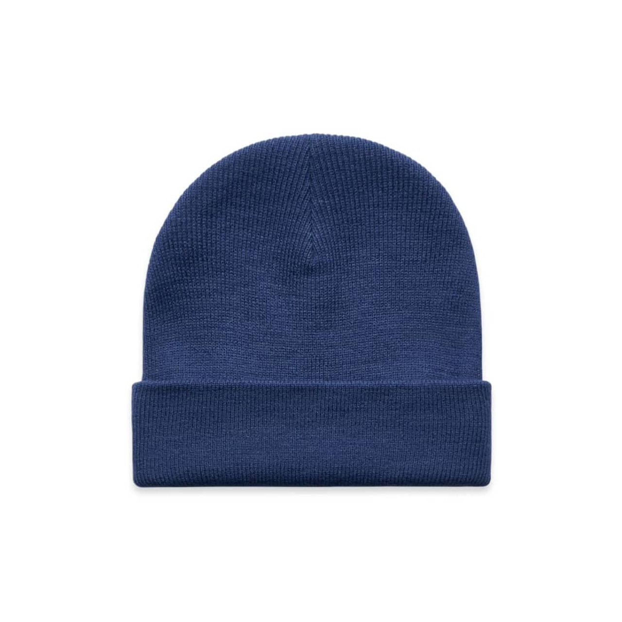 A navy blue cuff beanie featuring a ribbed texture and a folded brim. It includes a logo.