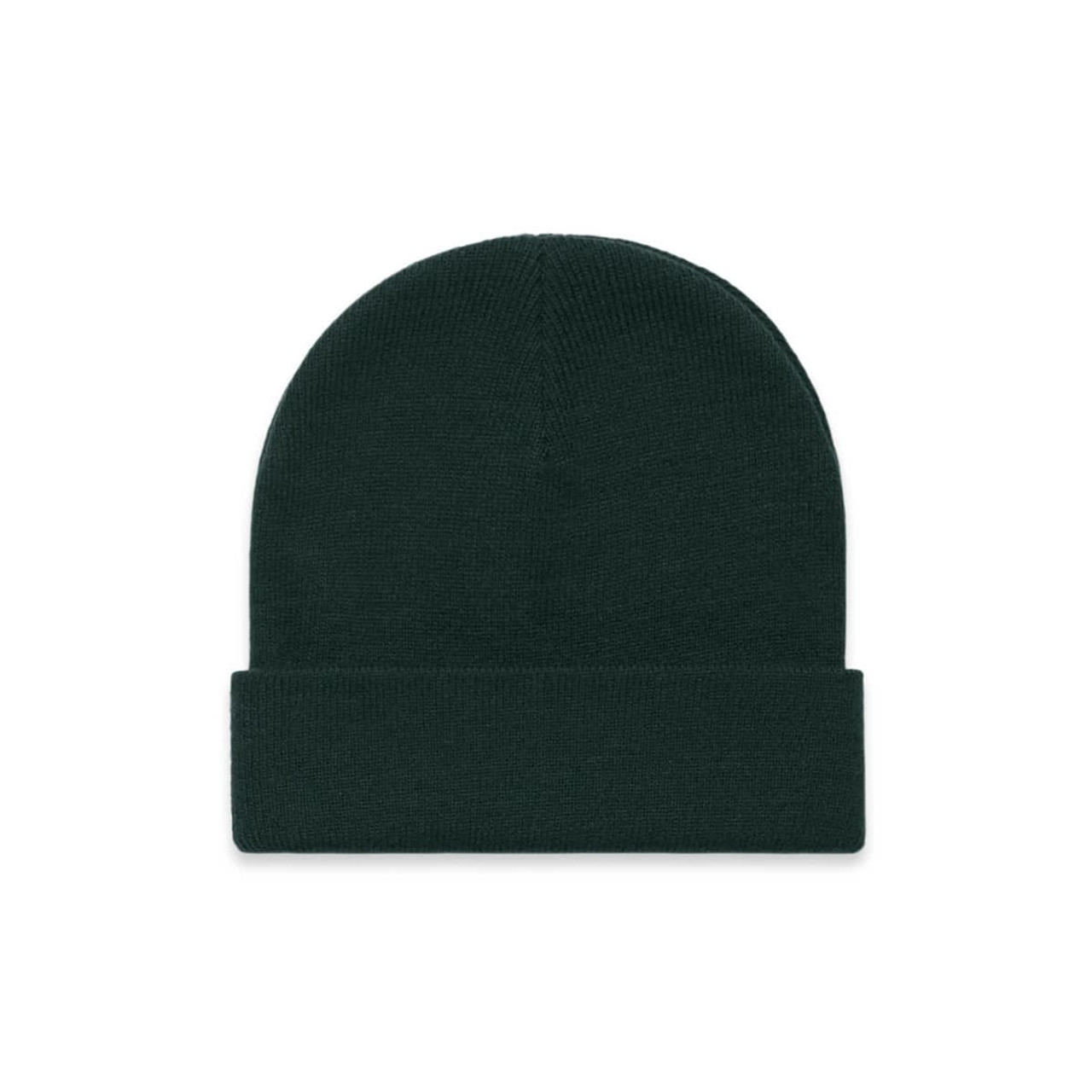 A dark green cuff beanie with a simple, textured design and a folded hem. It features a logo.