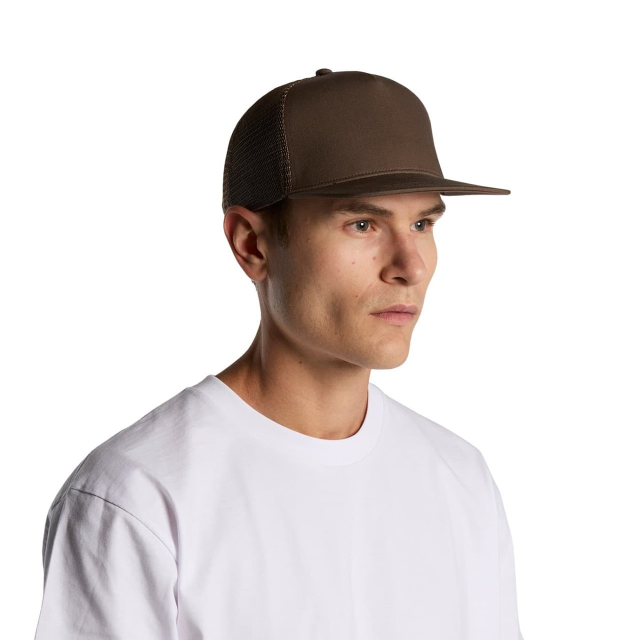 A brown trucker cap with a flat brim and mesh back, worn by a man in a white T-shirt.