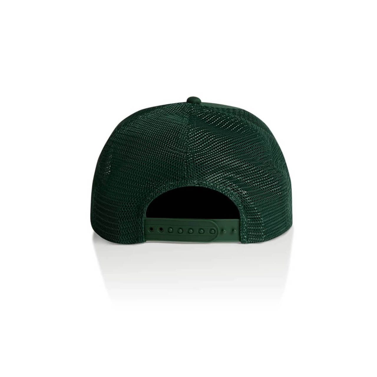 A green trucker cap featuring mesh detailing at the back and an adjustable snap closure.