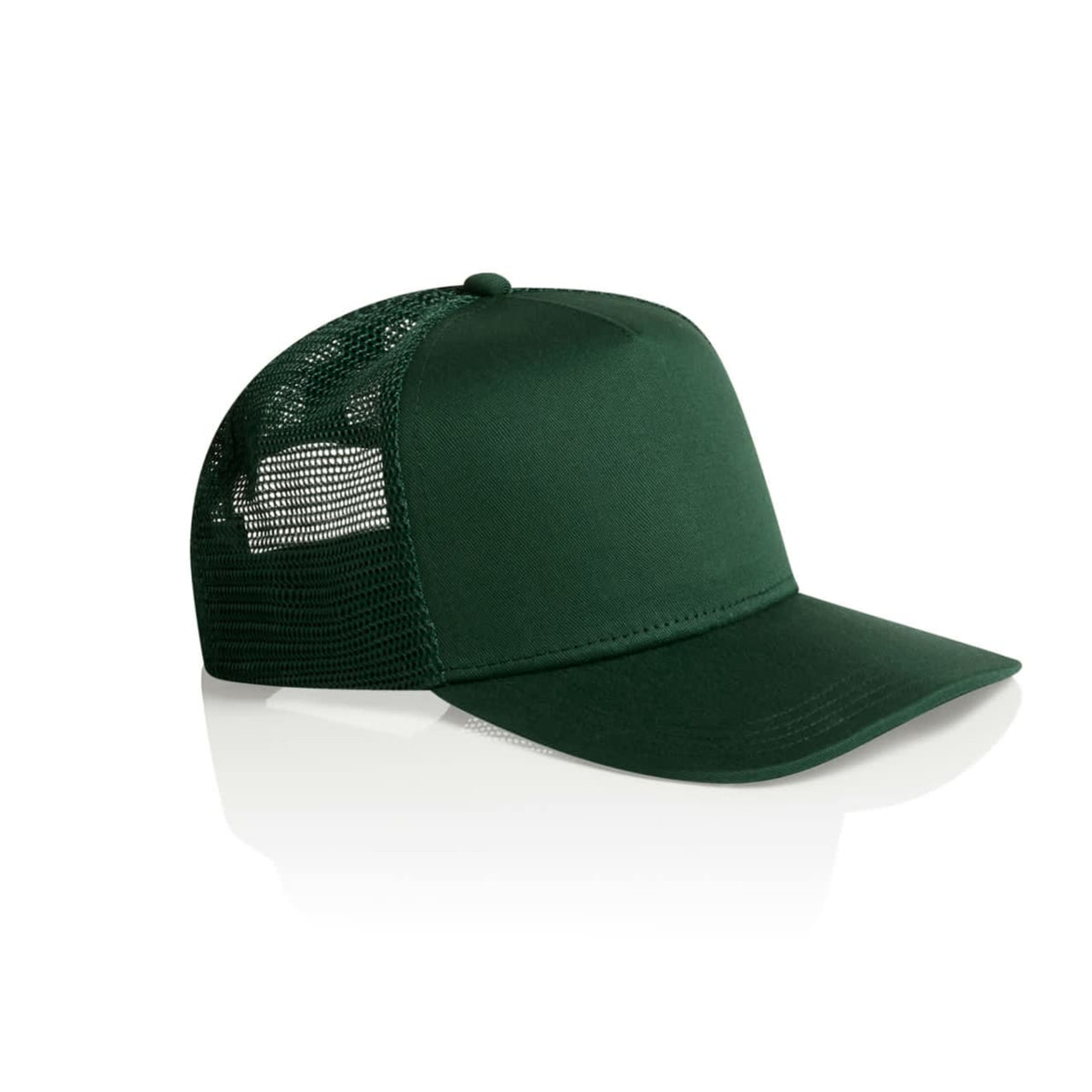 A green trucker cap with a solid front panel and mesh sides, featuring a logo on the front.