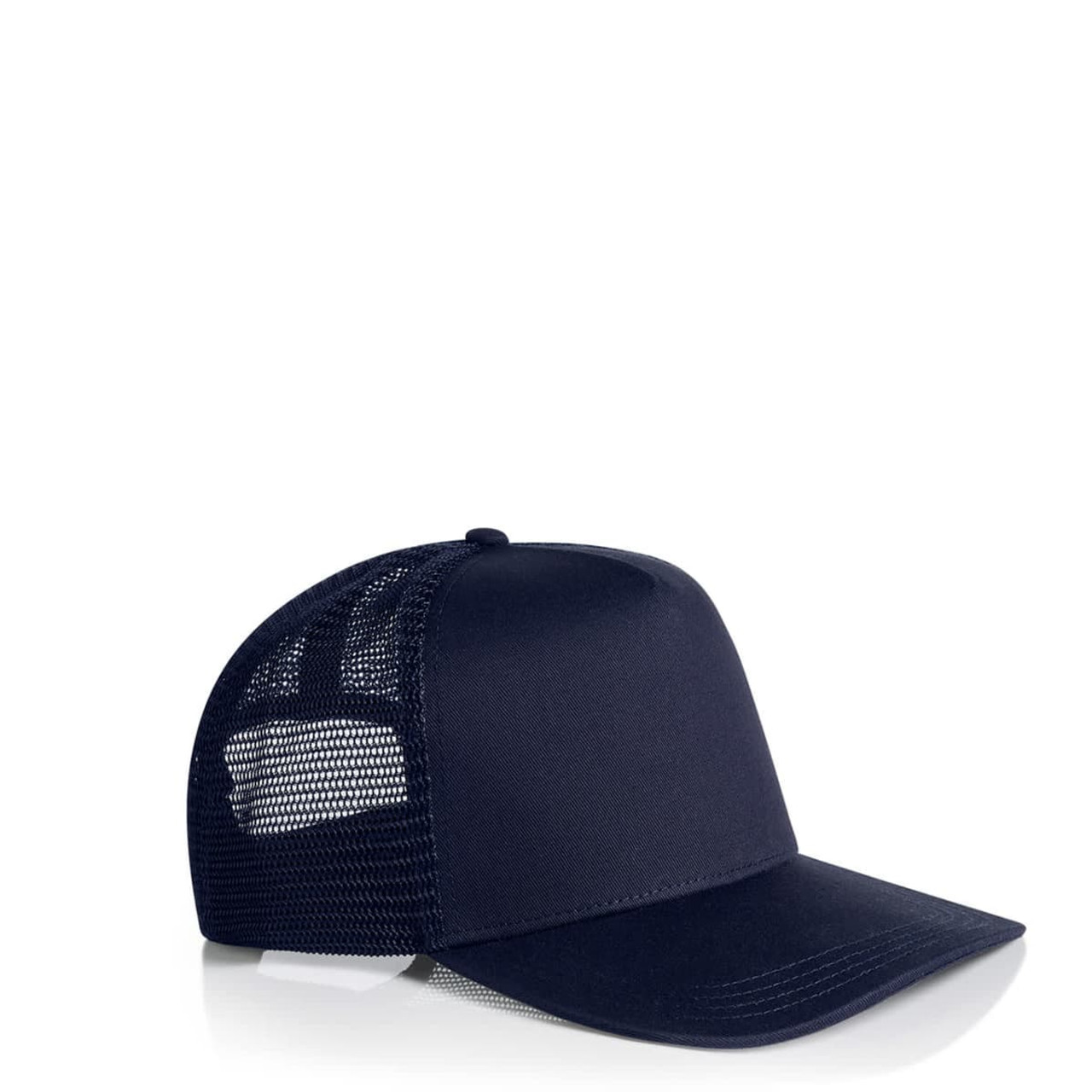 A navy trucker cap featuring a solid front and mesh back, with an adjustable strap and a logo.