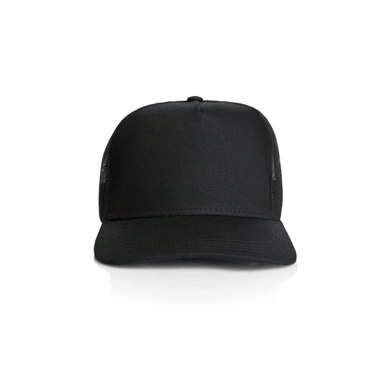 A black trucker cap featuring a solid front and mesh sides, designed for headwear. It includes a logo.