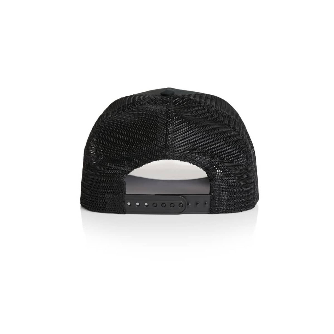 A black trucker cap featuring a mesh back and an adjustable strap. The cap has a logo on the back.
